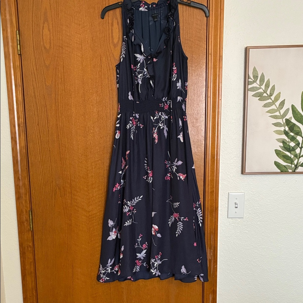 Ann Taylor Navy Floral Ruffle Midi Dress
